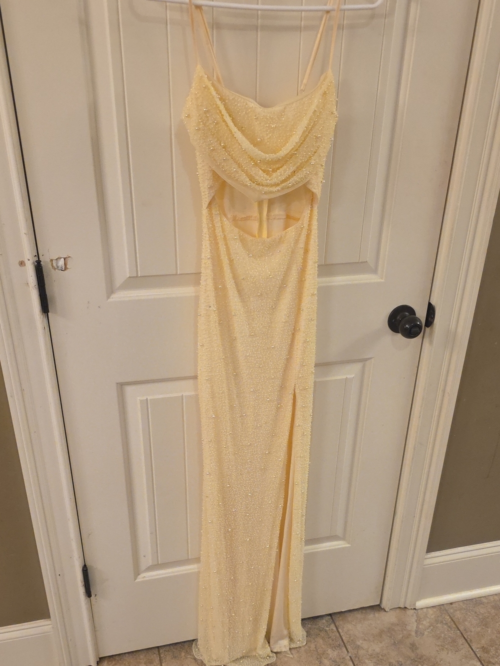 Windsor Yellow Beaded Cowl Cutout Prom Gown
